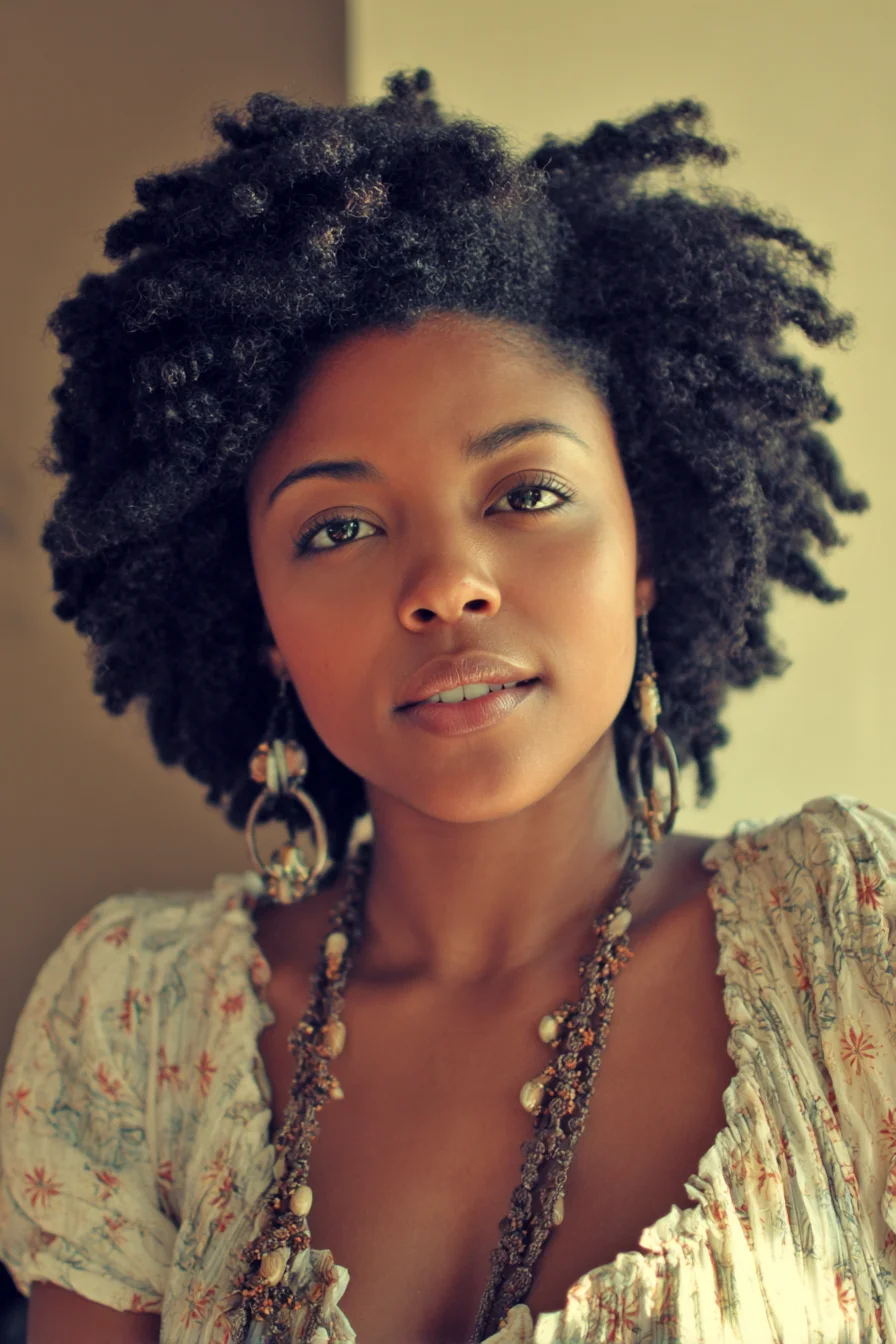 Short-Medium Natural Afro with Defined Coils and Voluminous Shape