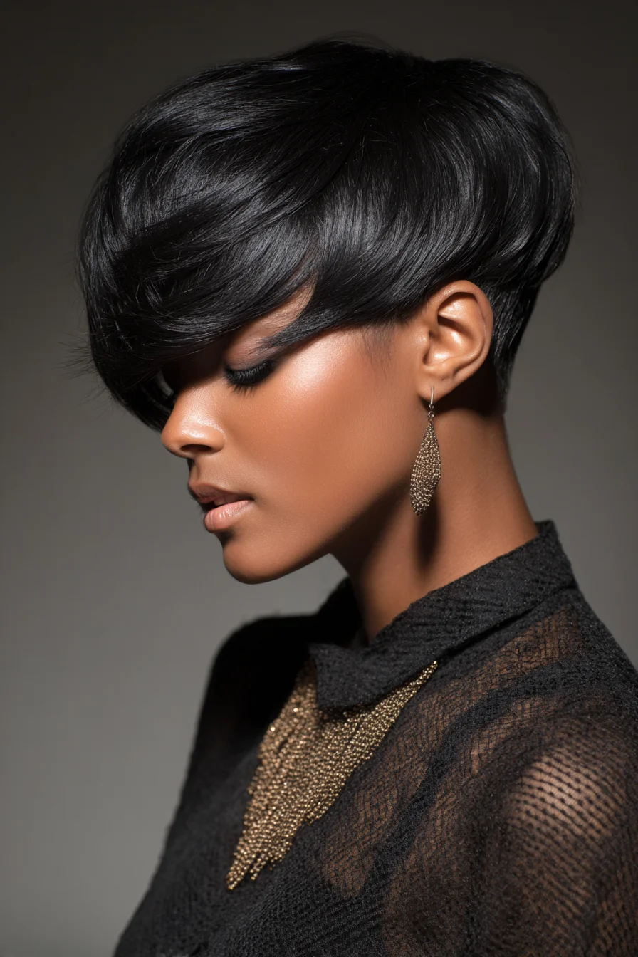 Short Stacked Pixie-Bob with Long Side‑Swept Fringe — Sleek Textured Finish