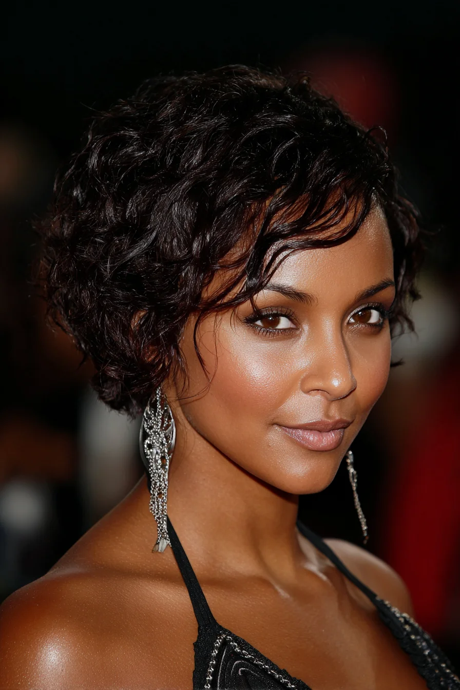 Short Textured Curly Pixie Bob with Side-Swept Waves