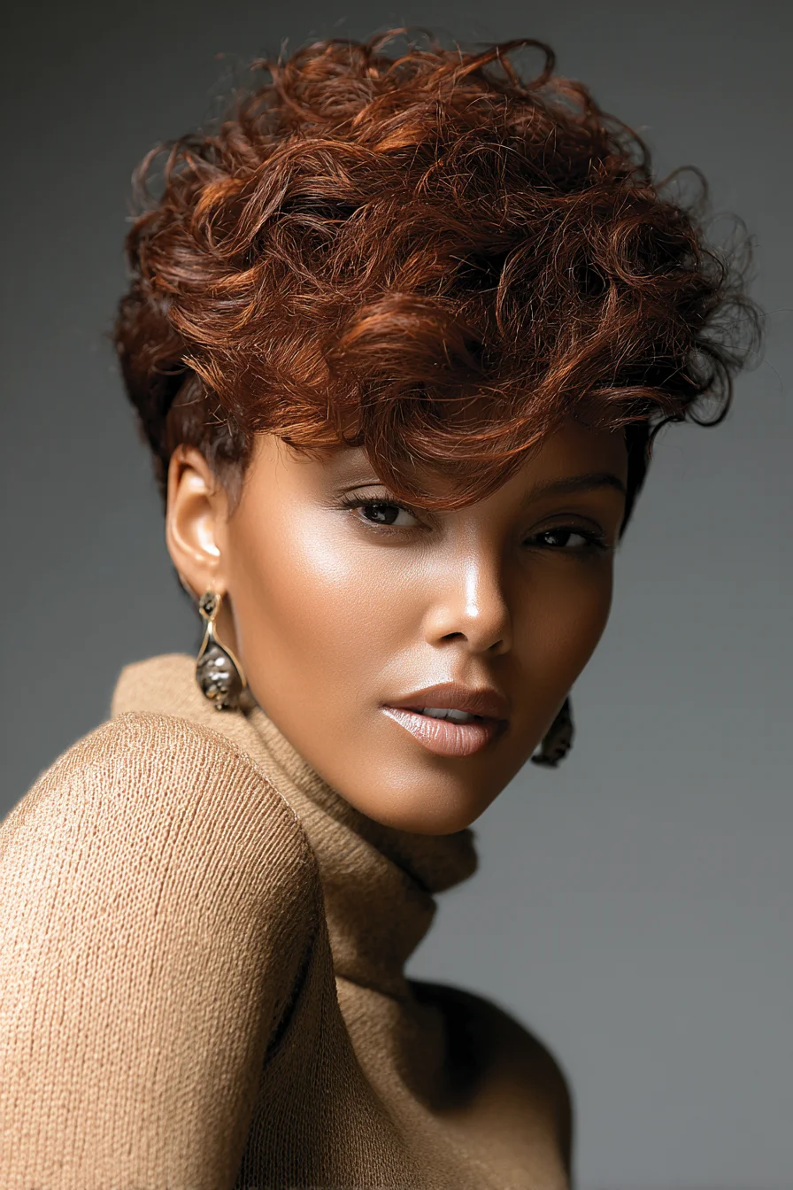 Short Textured Pixie with Voluminous Curls and Side Fringe