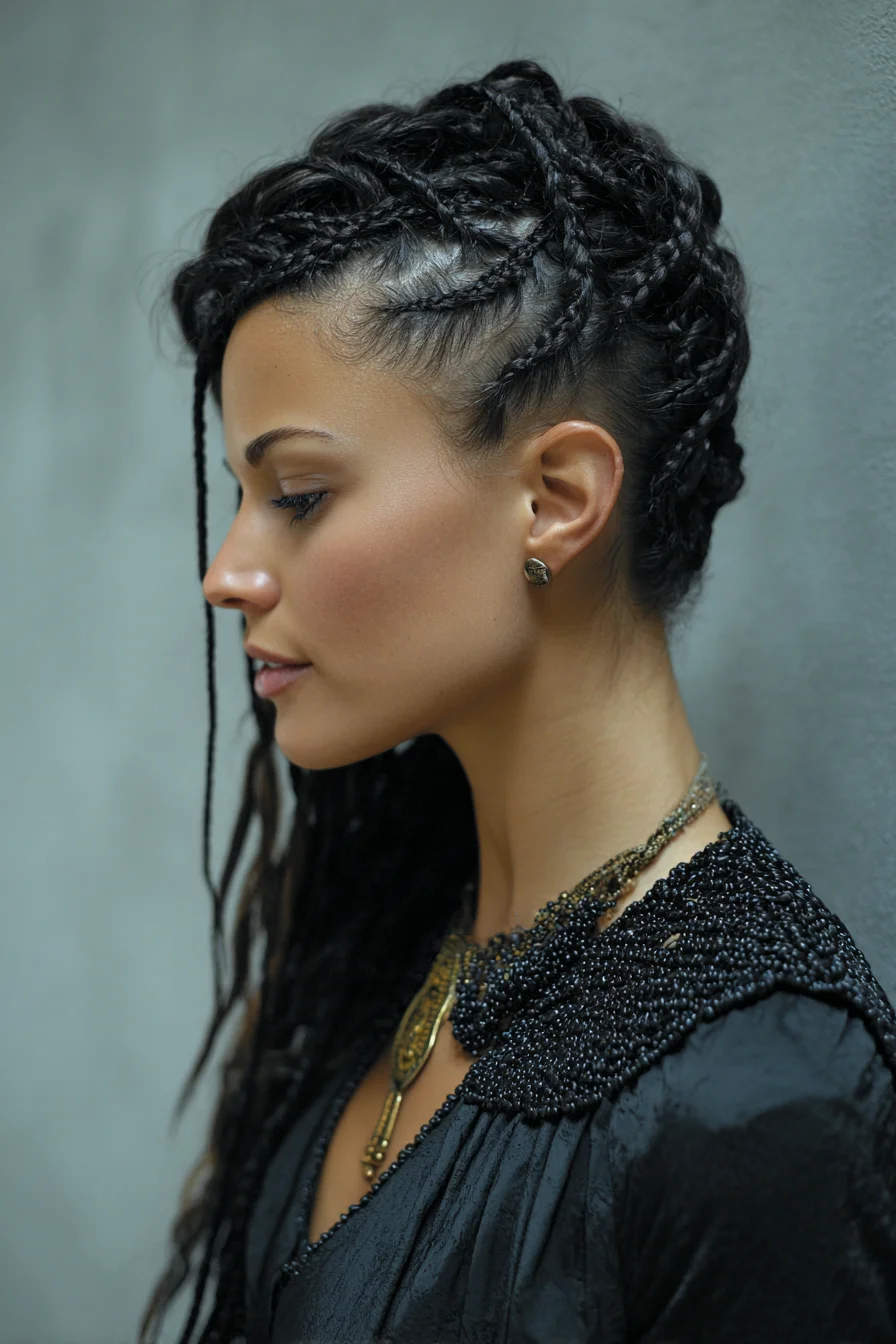 Side Cornrow Crown with Long Box Braids — Braided Updo and Face‑Framing Strands