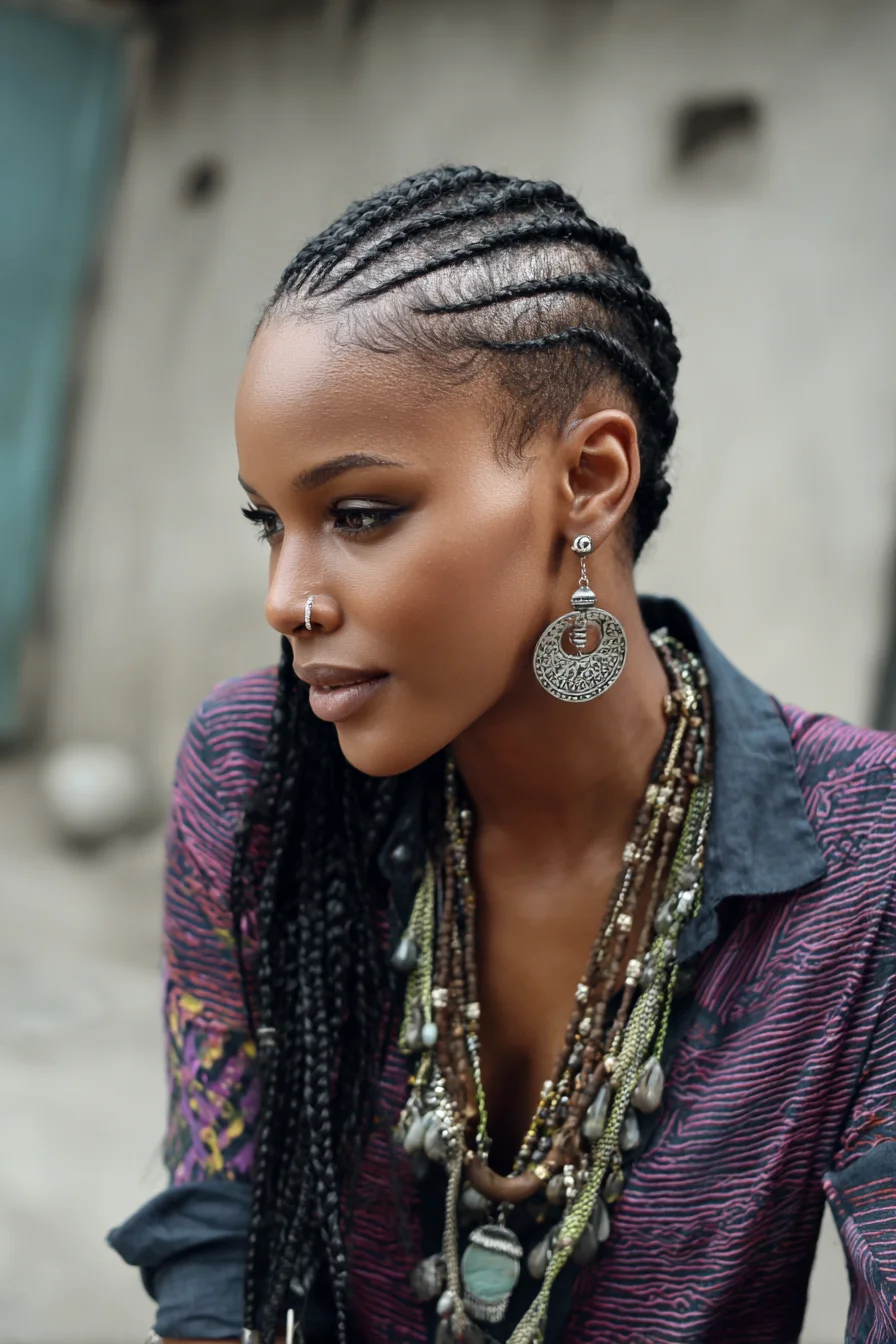 Side Cornrows with Long Feed-in Micro Braids