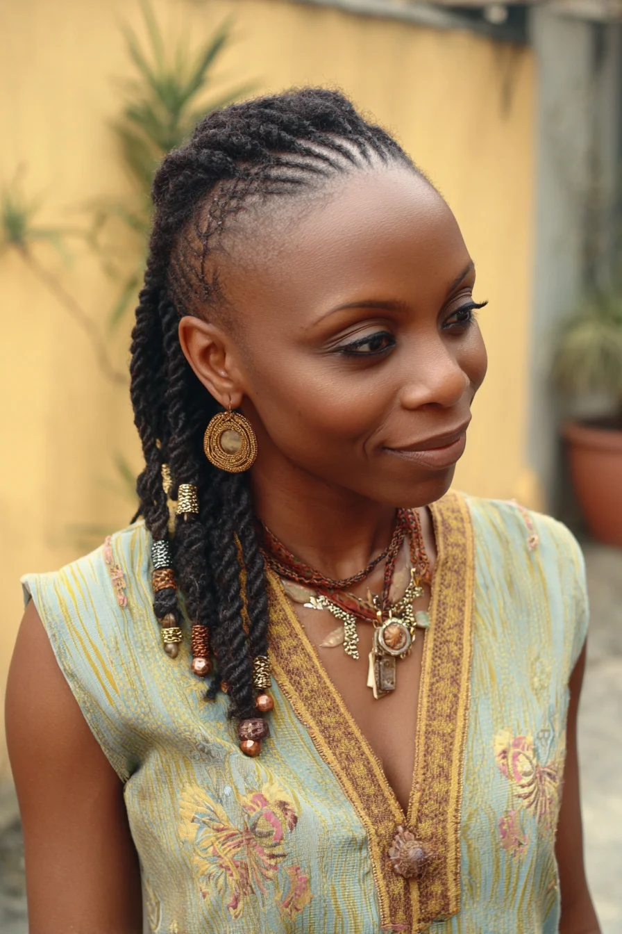Side-Swept Cornrows Into Two‑Strand Twists with Beads and Cuffs
