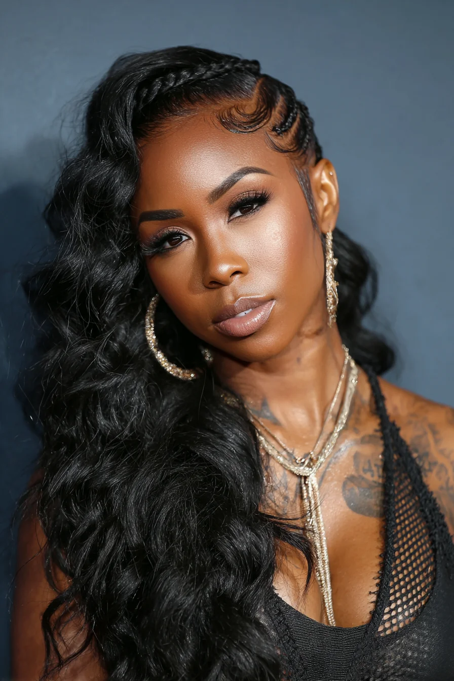 Side-Swept Deep Waves with Cornrowed Side and Sculpted Baby Hairs