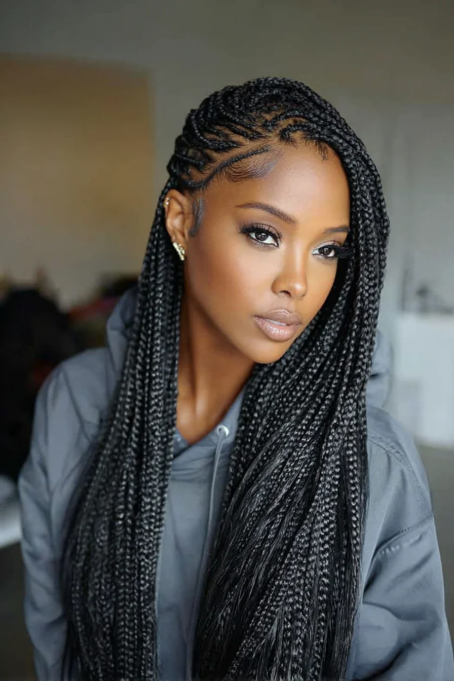 Side-Swept Long Knotless Box Braids with Cornrowed Part and Sleek Edges