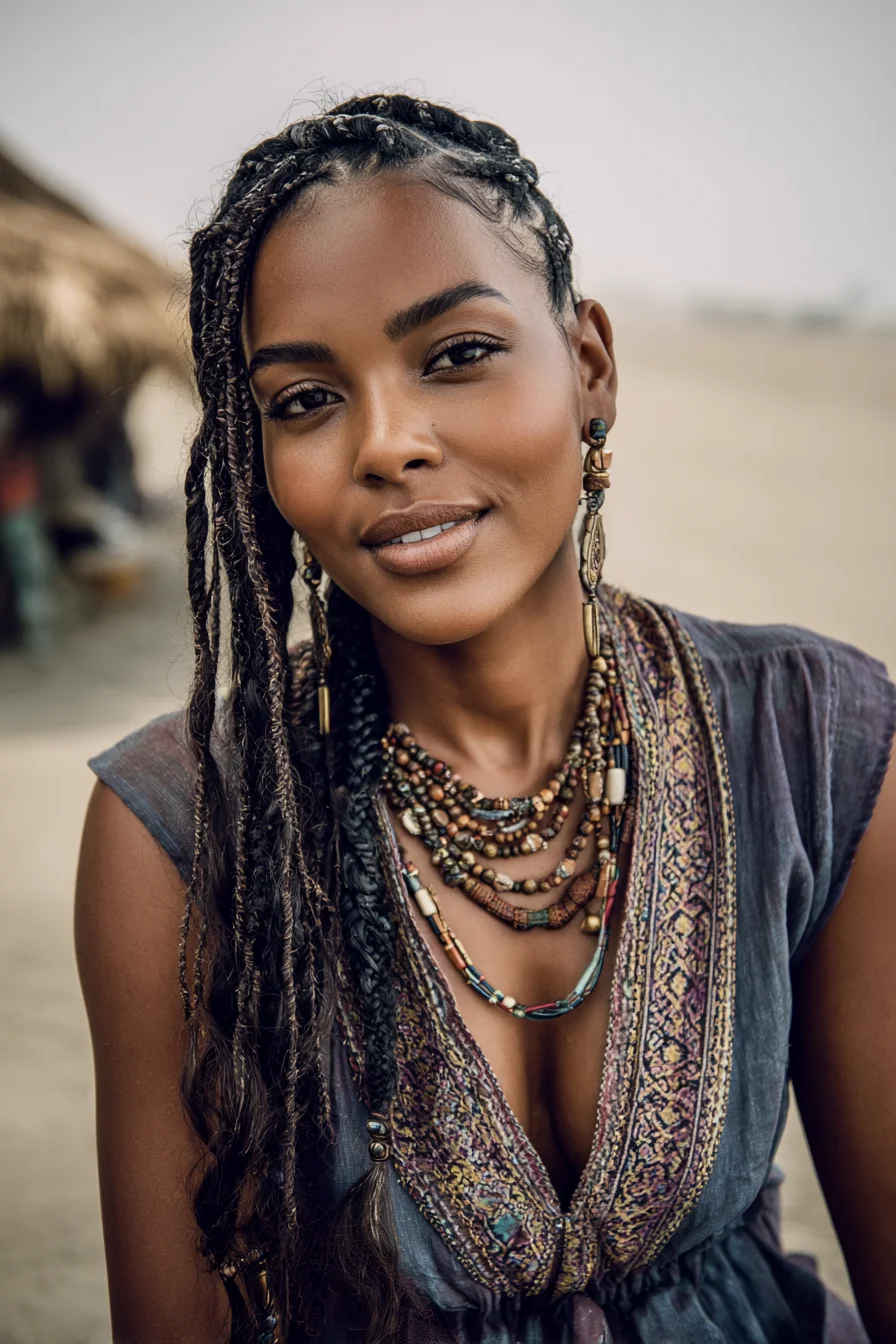 Side-Swept Mixed Micro-Braids with Wrapped Accents