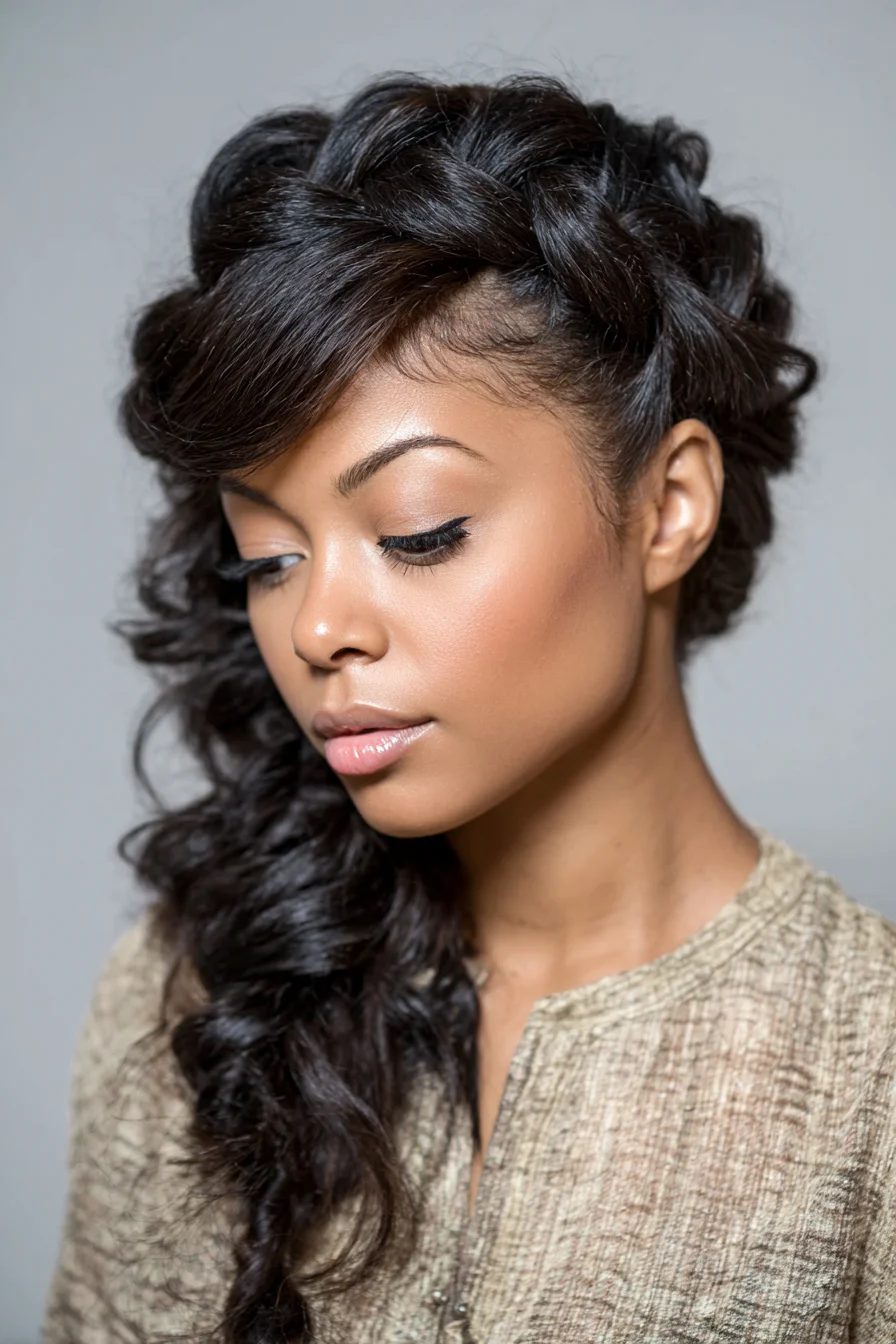Side‑Swept Twisted Crown Braid with Loose Cascading Curls