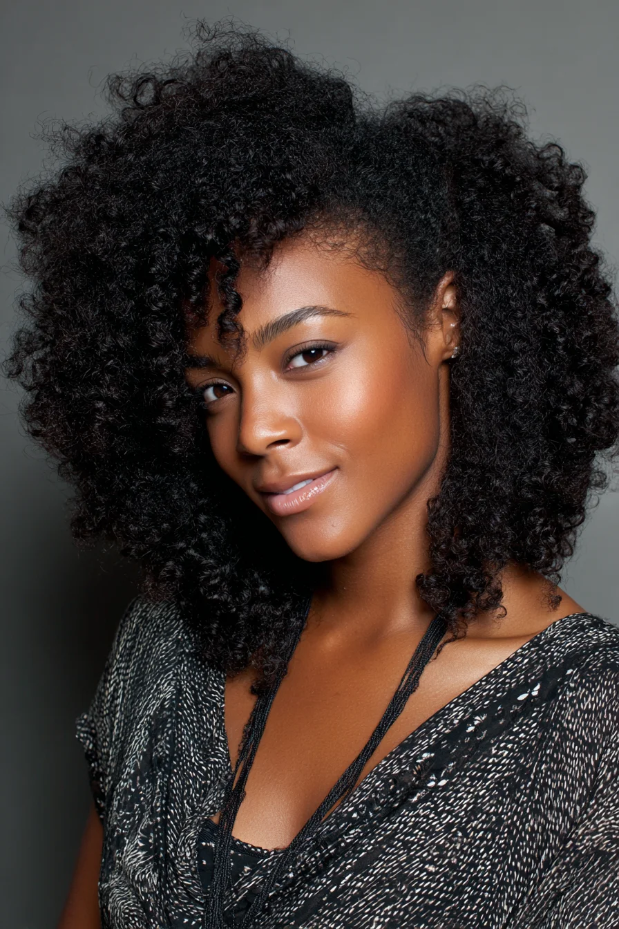 Side‑Swept Voluminous Natural Curly Afro — Defined Curls & Layered Shape