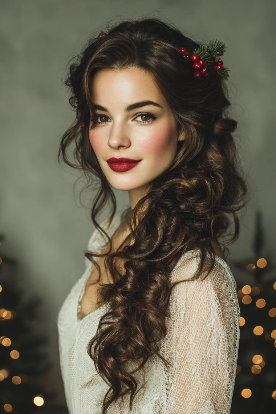 Side‑Swept Voluminous Romantic Curls with Twisted Half‑Up Detail