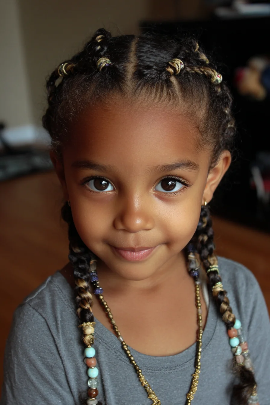 Sleek Center-Part Cornrow Braids with Beads and Thread Wraps