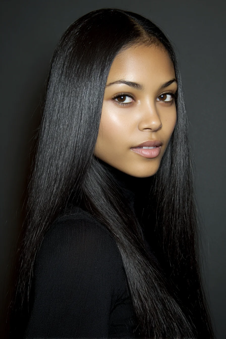Sleek Center-Part Long Straight Hair — Glossy Smooth Finish