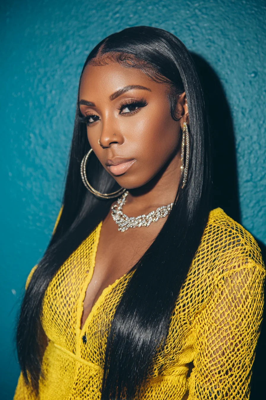 Sleek Center-Part Long Straight Hair with Laid Baby Hairs