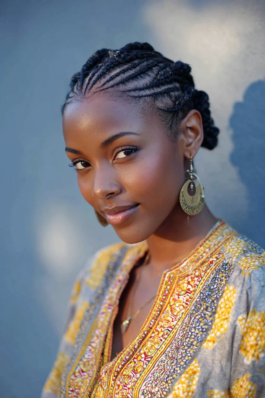 Sleek Cornrow Braids Gathered into Low Twisted Bun