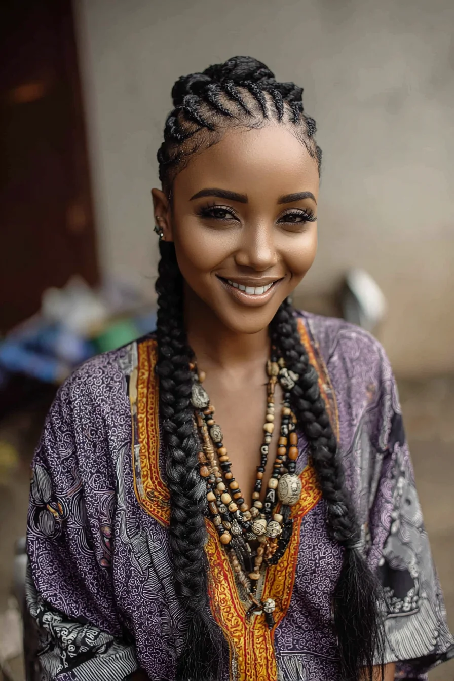 Sleek Cornrow Feed‑In Braids into Two Long Box Braids