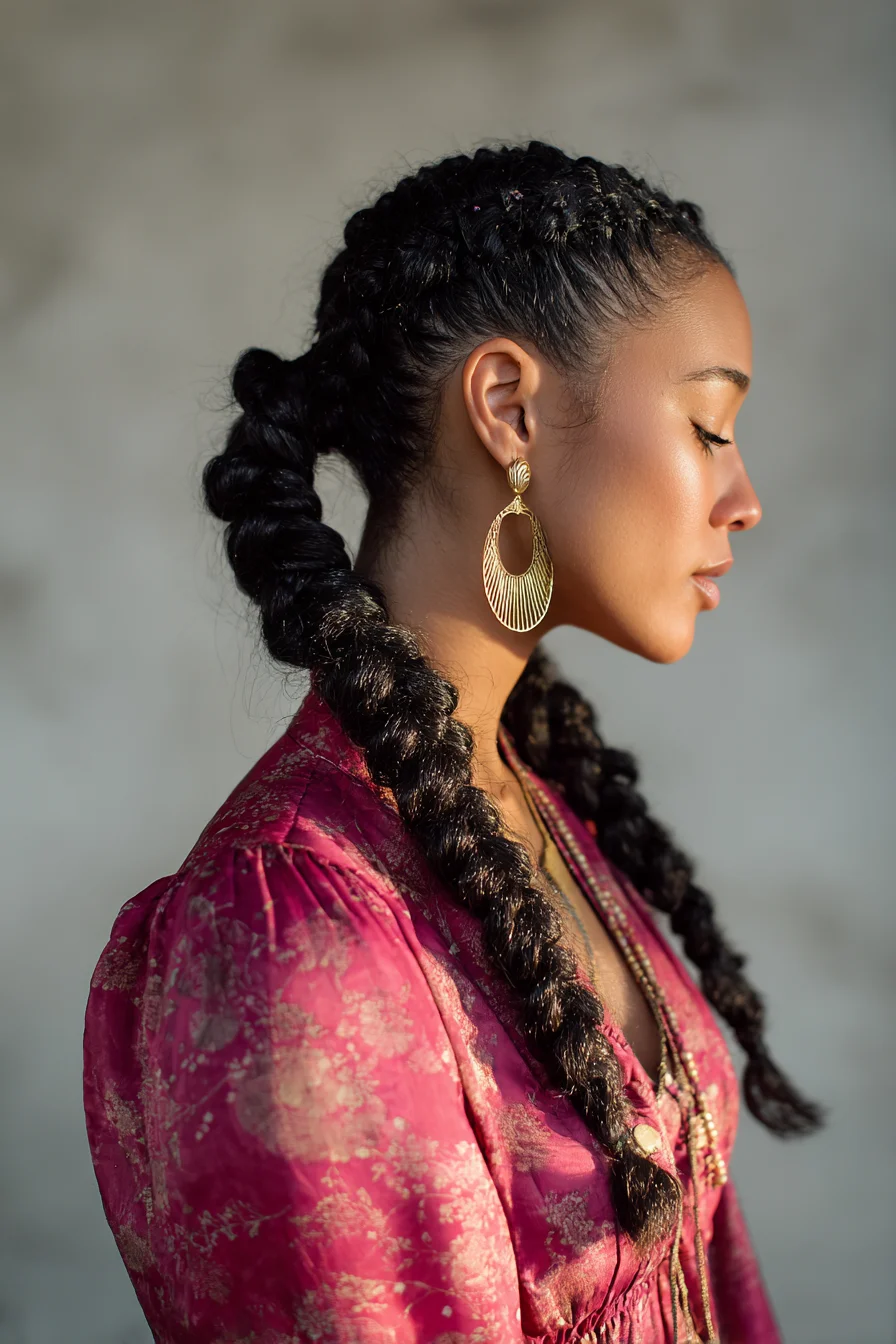 Sleek Double Dutch Braids into Pancaked Thick Plaits