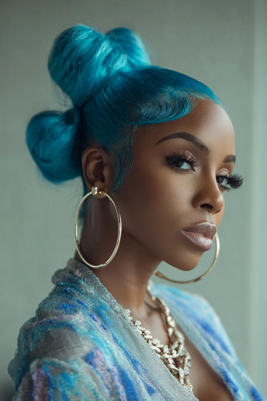 Sleek Double High Bun Updo with Sculpted Baby Hairs