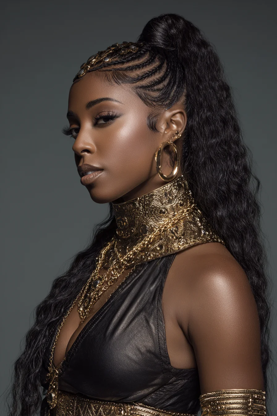 Sleek Feed-In Cornrow High Ponytail with Textured Wavy Extensions