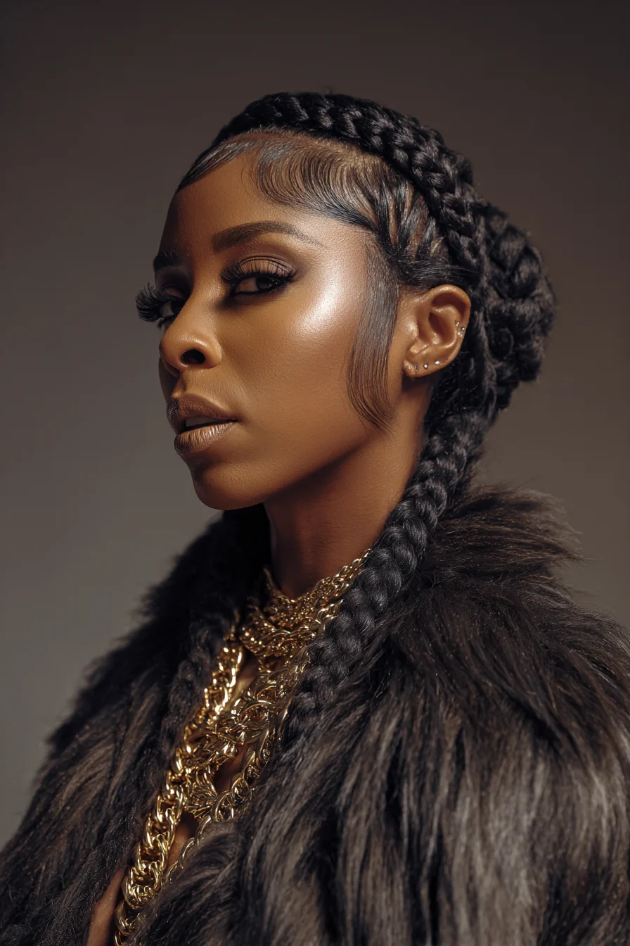 Sleek Feed-In Cornrows with Low Braided Bun and Styled Baby Hairs