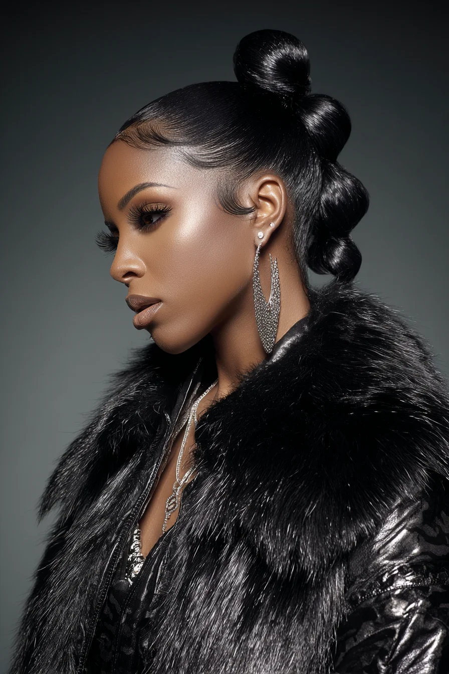 Sleek High Bubble Ponytail with Sculpted Baby Hairs