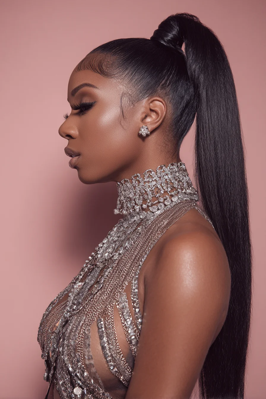 Sleek High Ponytail with Long Straight Extensions and Laid Baby Hairs