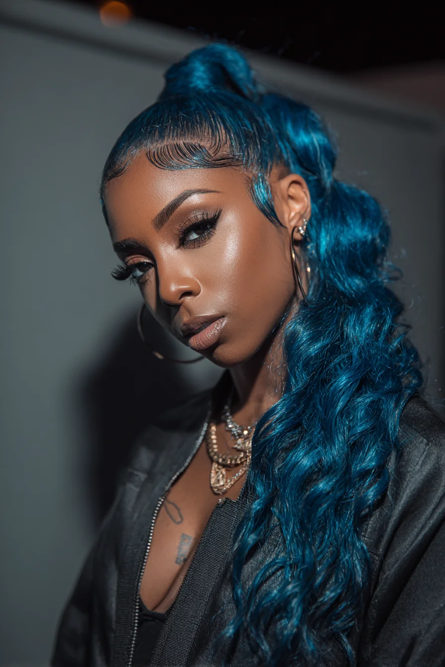 Sleek High Ponytail with Sculpted Baby Hairs and Deep Blue Waves