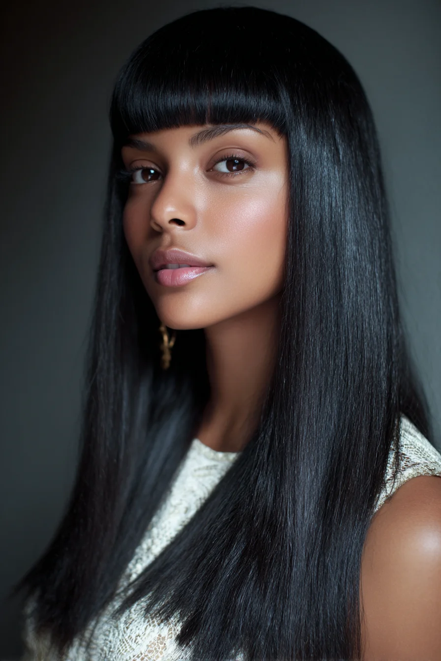 Sleek Long Straight Hair with Blunt Fringe (Full Bangs)