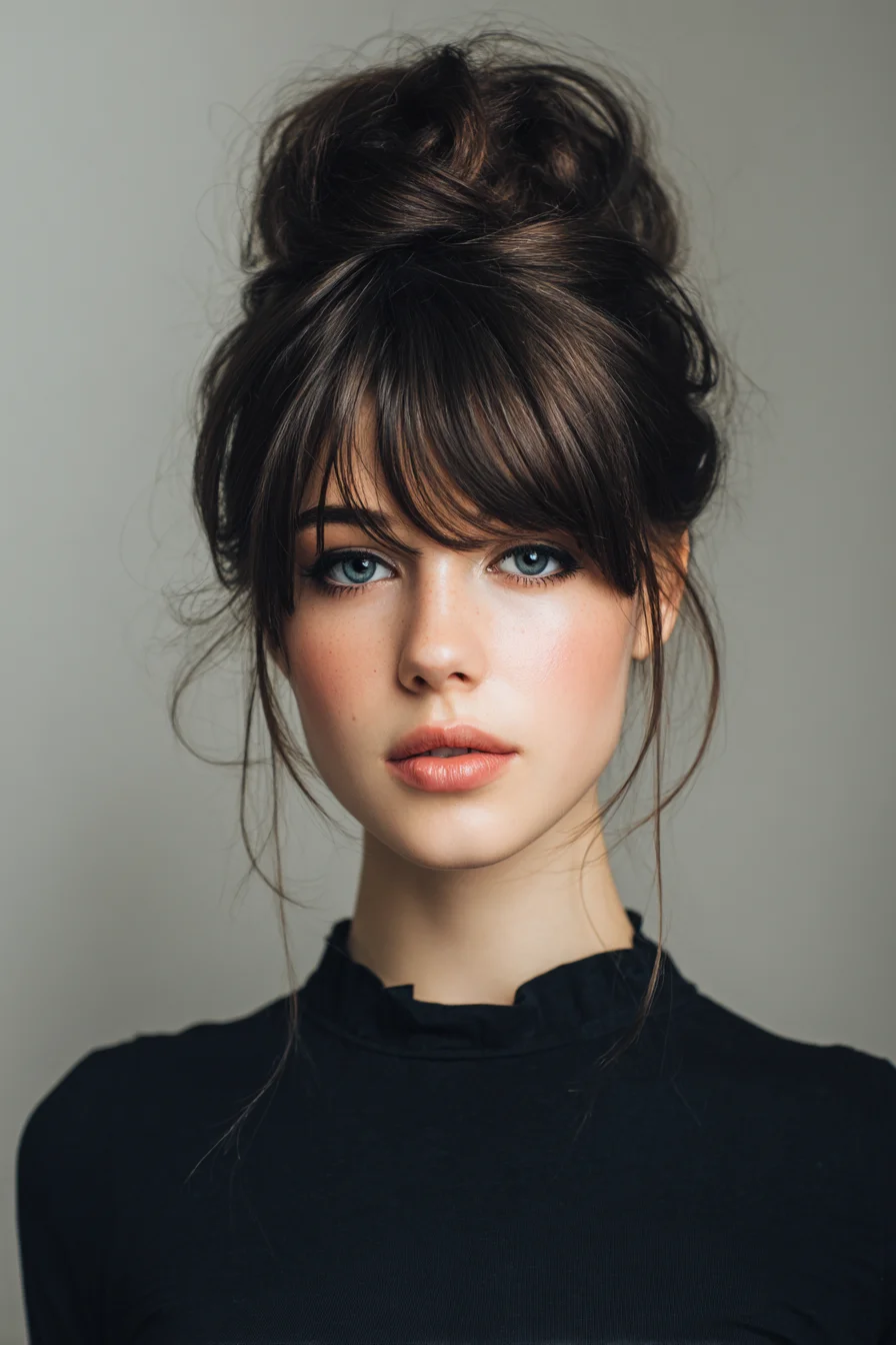 Soft Messy High Bun with Wispy Curtain Bangs