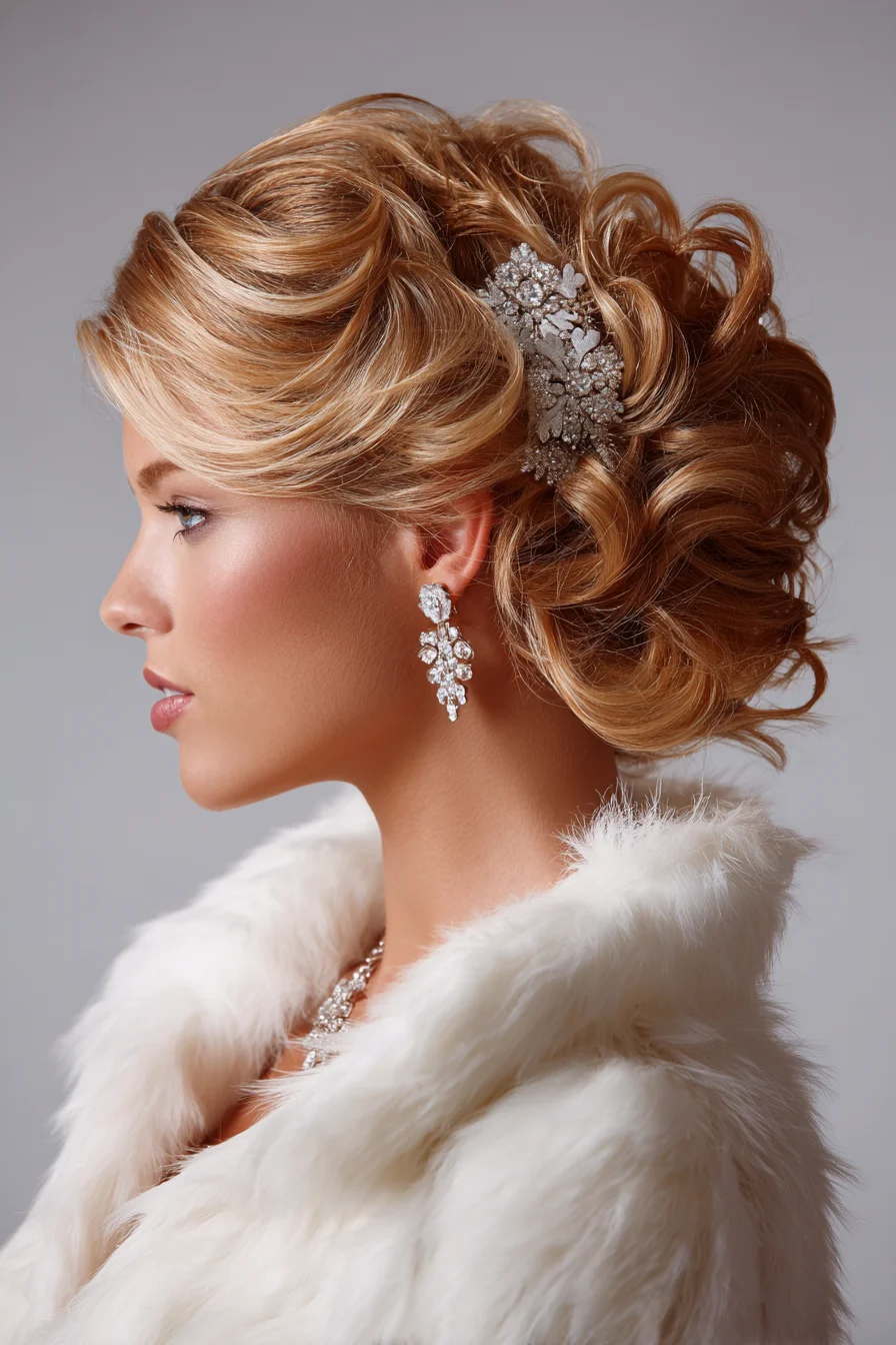 Soft Romantic Curled Low Updo with Side-Swept Wave and Decorative Hairpiece