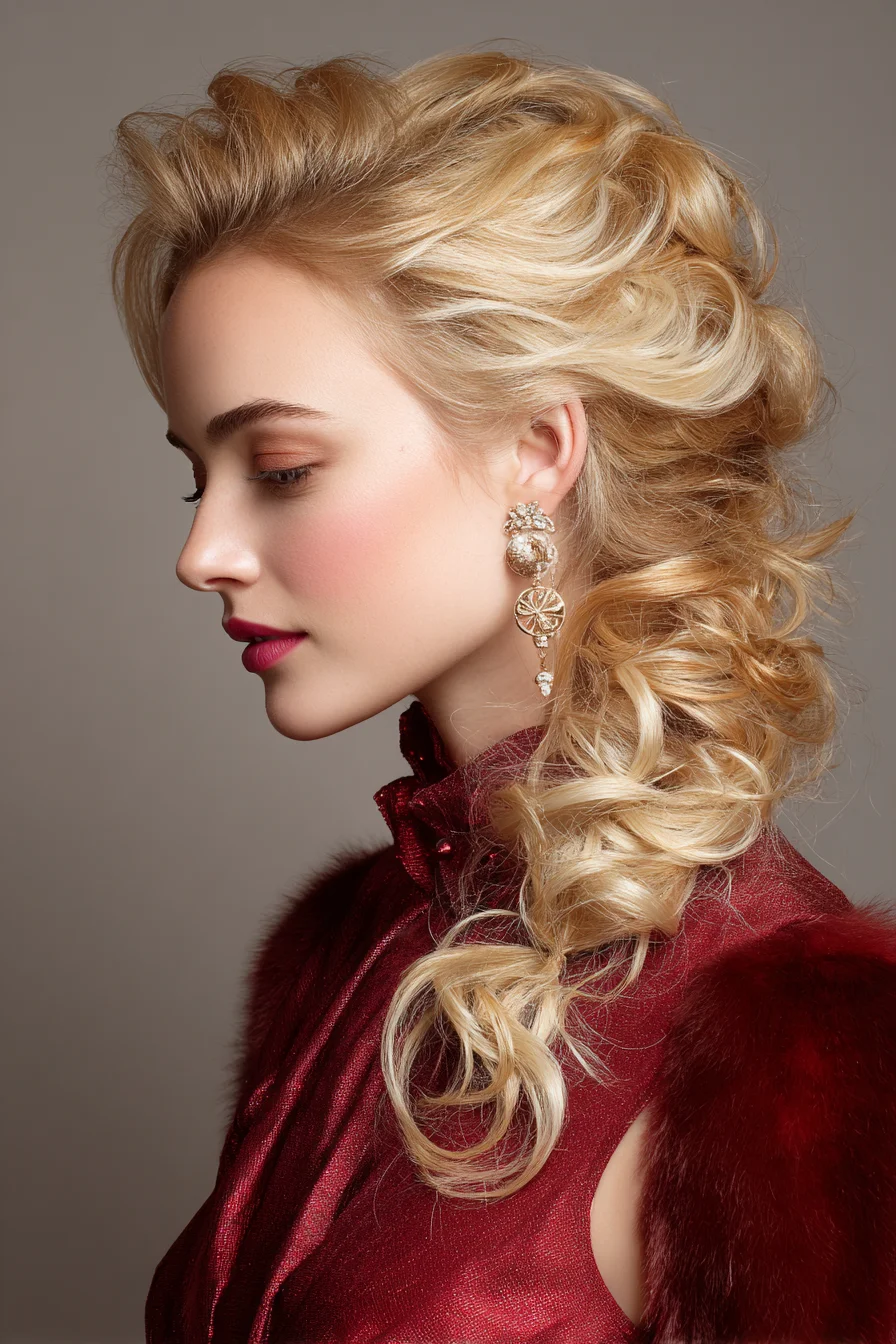 Soft Romantic Side-Swept Curled Cascade Braid for Medium–Long Hair