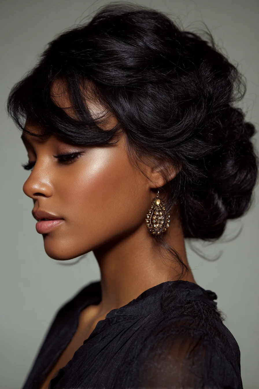 Soft Vintage-Inspired Low Chignon with Face-Framing Bangs