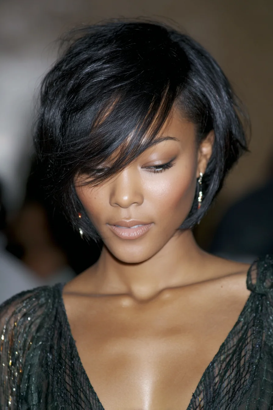 Textured Angled Bob with Side-Swept Fringe