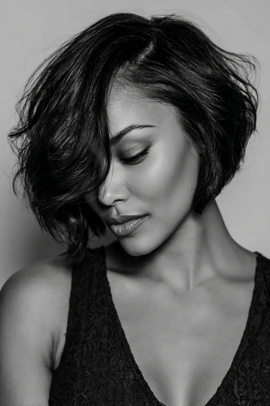 Textured Asymmetrical Chin-Length Bob with Side-Swept Fringe