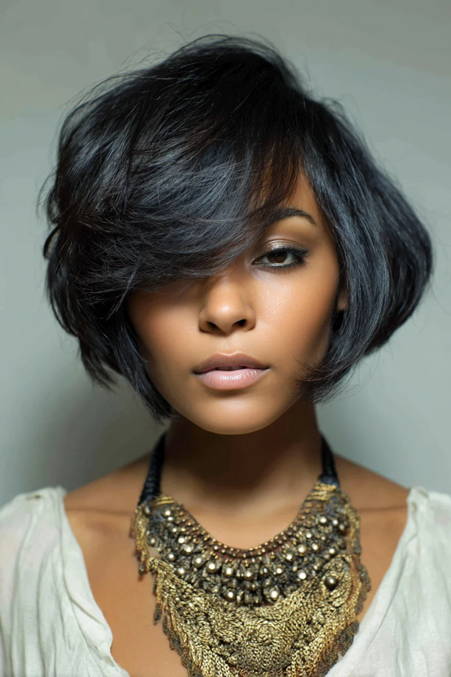 Textured Asymmetrical Layered Bob with Side‑Swept Fringe
