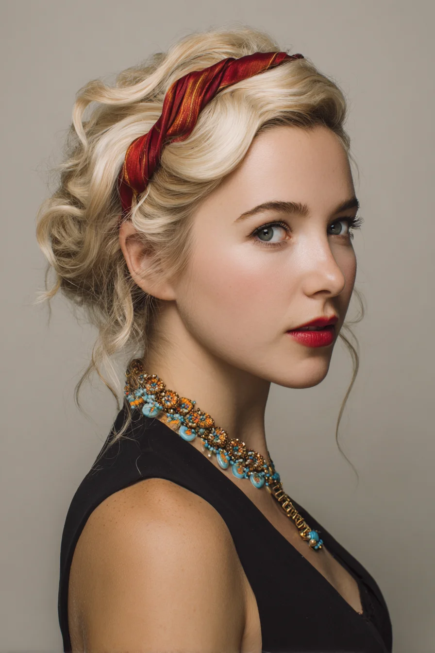 Textured Blonde Updo with Twisted Silk Scarf Headband