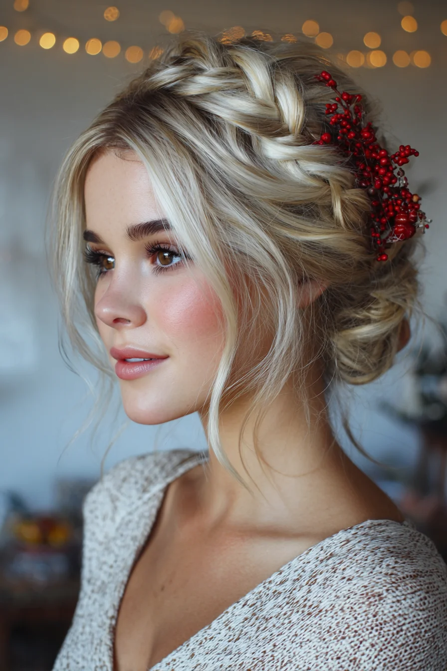 Textured Braided Crown into Low Messy Bun Updo