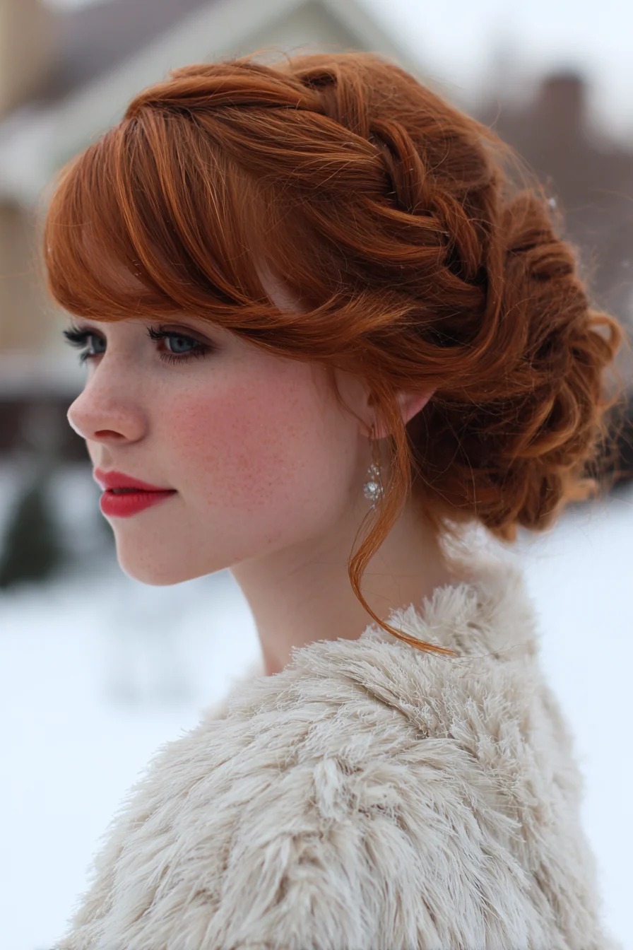 Textured Braided Crown Low Bun with Side‑Swept Fringe