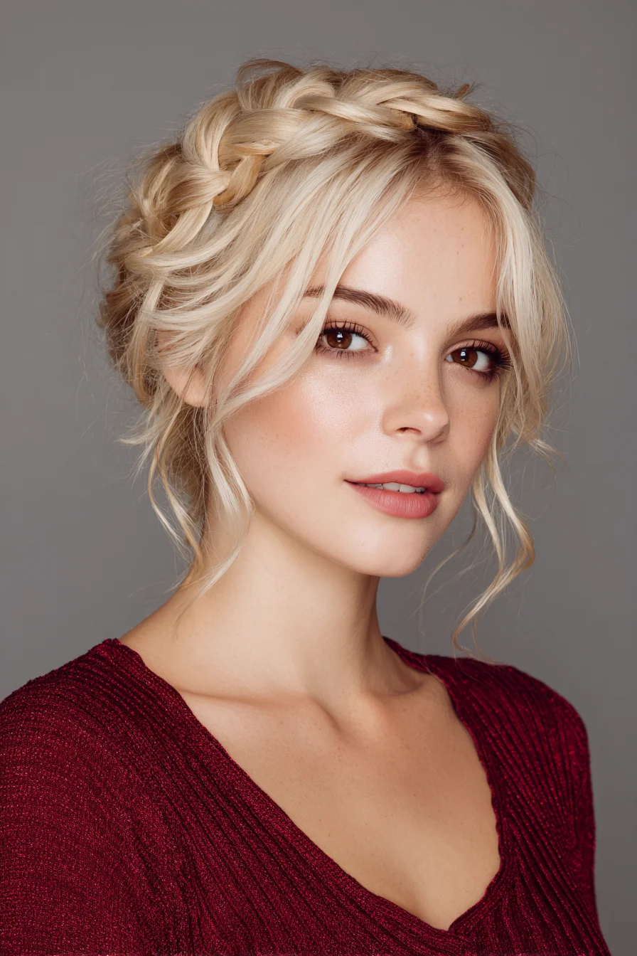 Textured Braided Crown Updo with Face‑Framing Tendrils