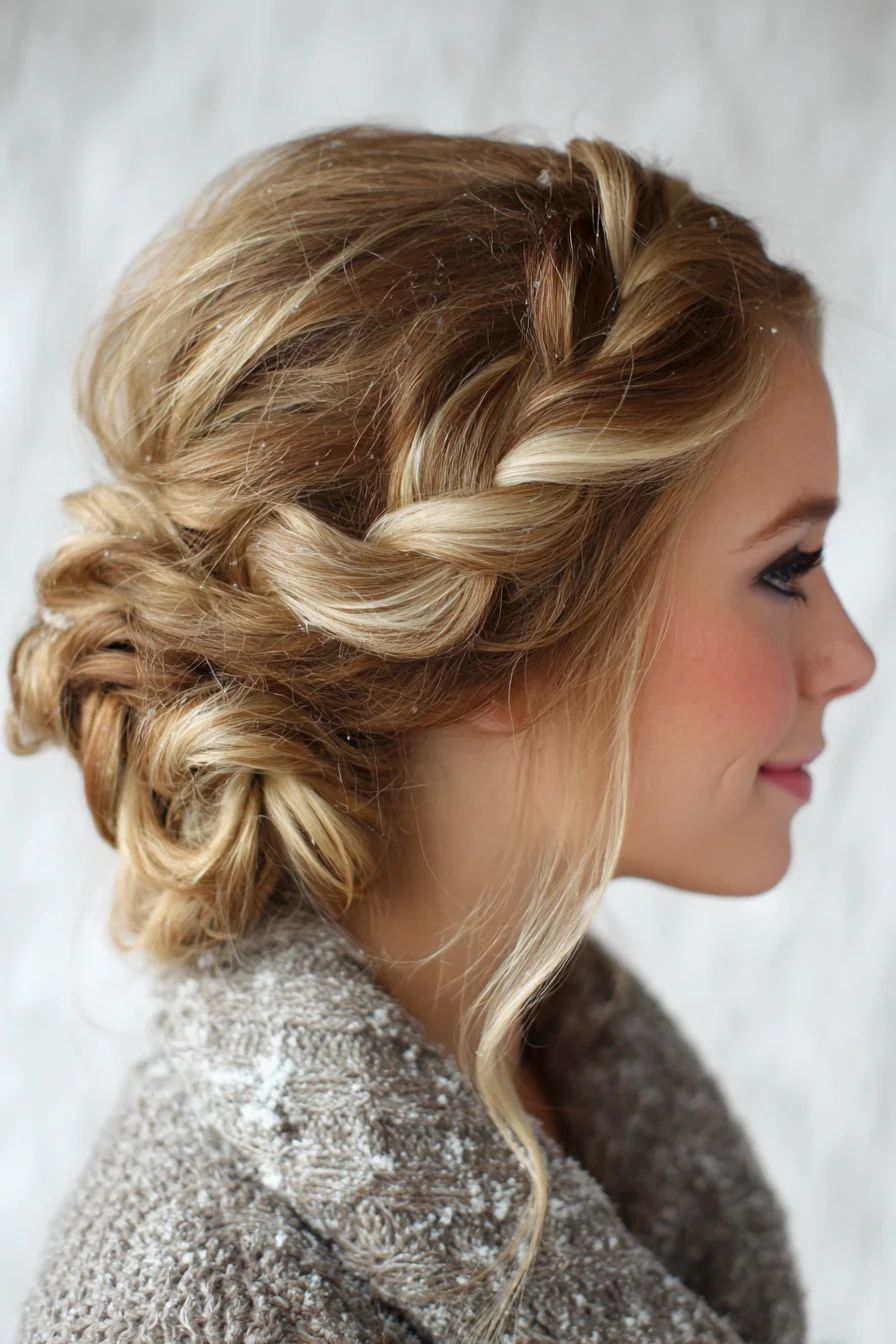 Textured Braided Low Bun with Soft Face‑Framing Tendrils