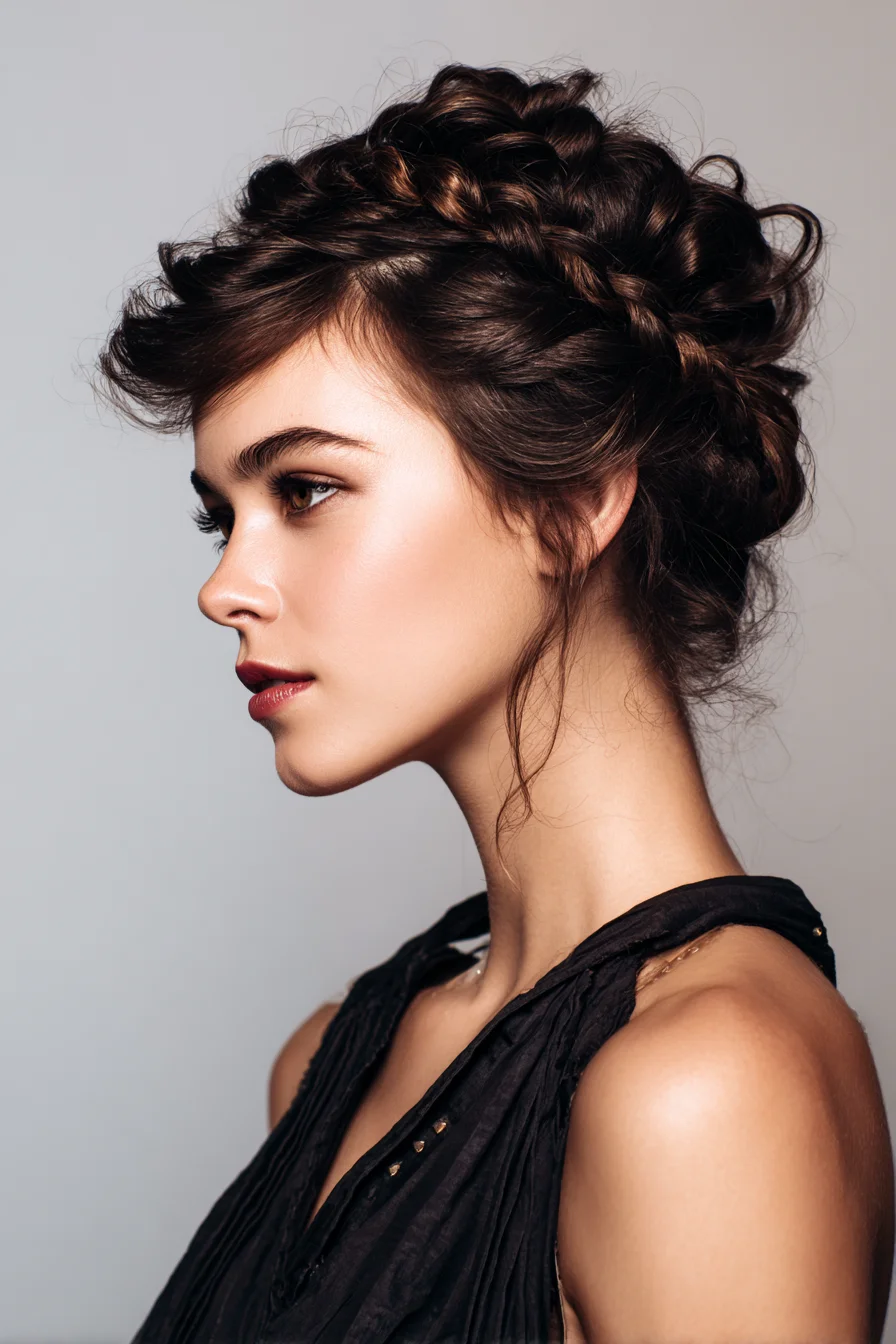 Textured Braided Updo with Face‑Framing Tendrils