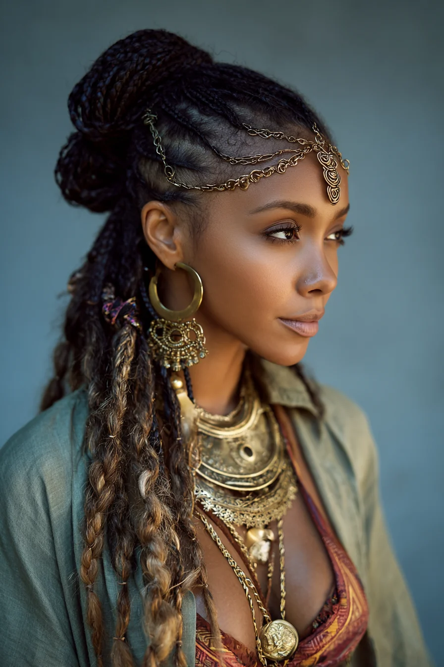 Textured Cornrow Updo with Long Boho Braids and Metal Accents