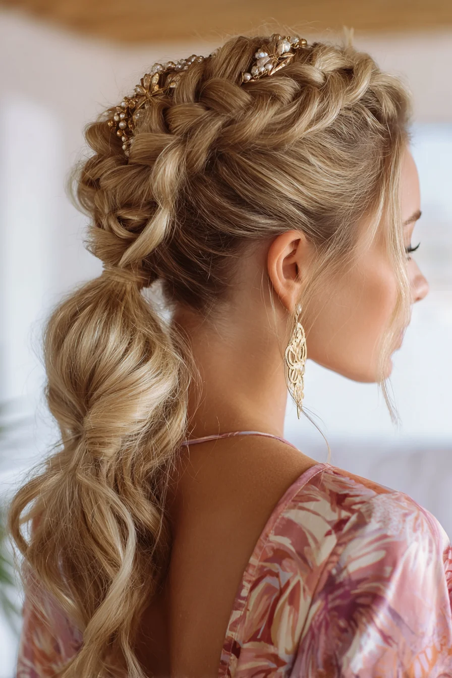 Textured Crown Braid into Low Bubble Ponytail with Hair Jewelry