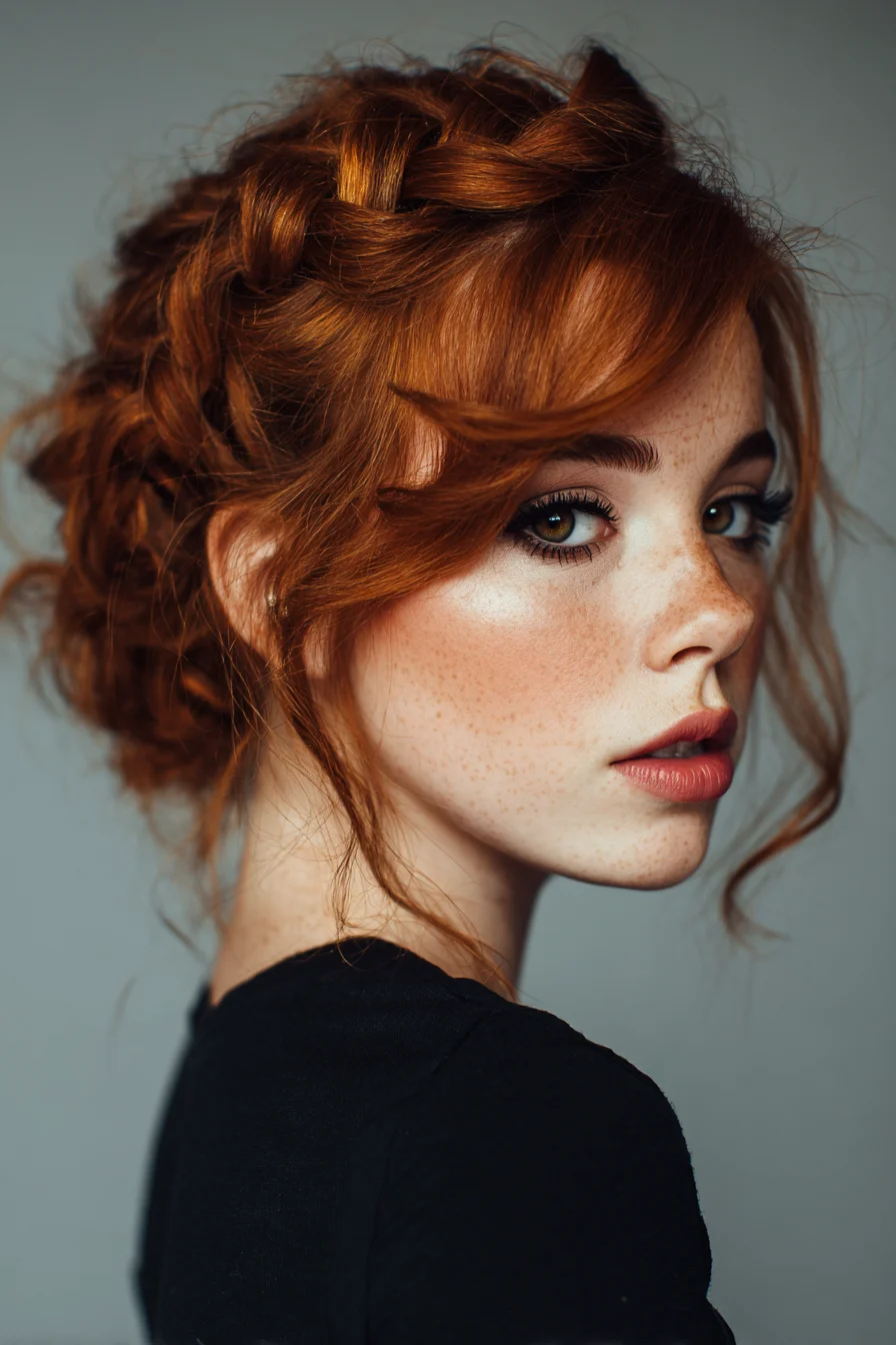 Textured Crown Braid Updo with Face-Framing Tendrils