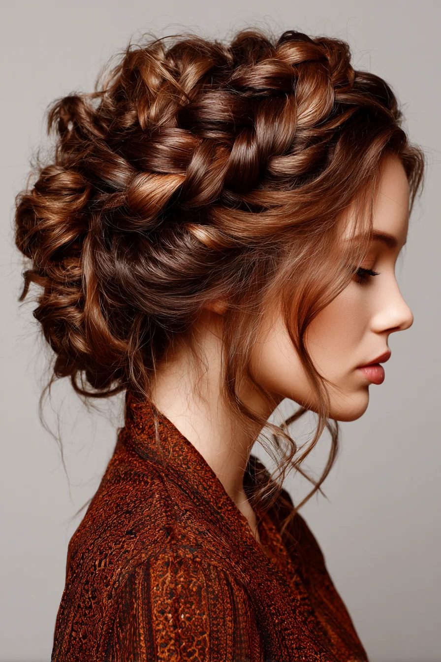 Textured Crown Braid Updo with Loose Face‑Framing Tendrils