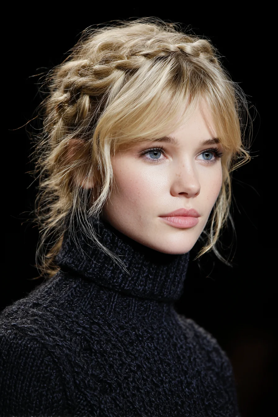 Textured Crown Braids with Soft Face‑Framing Bangs