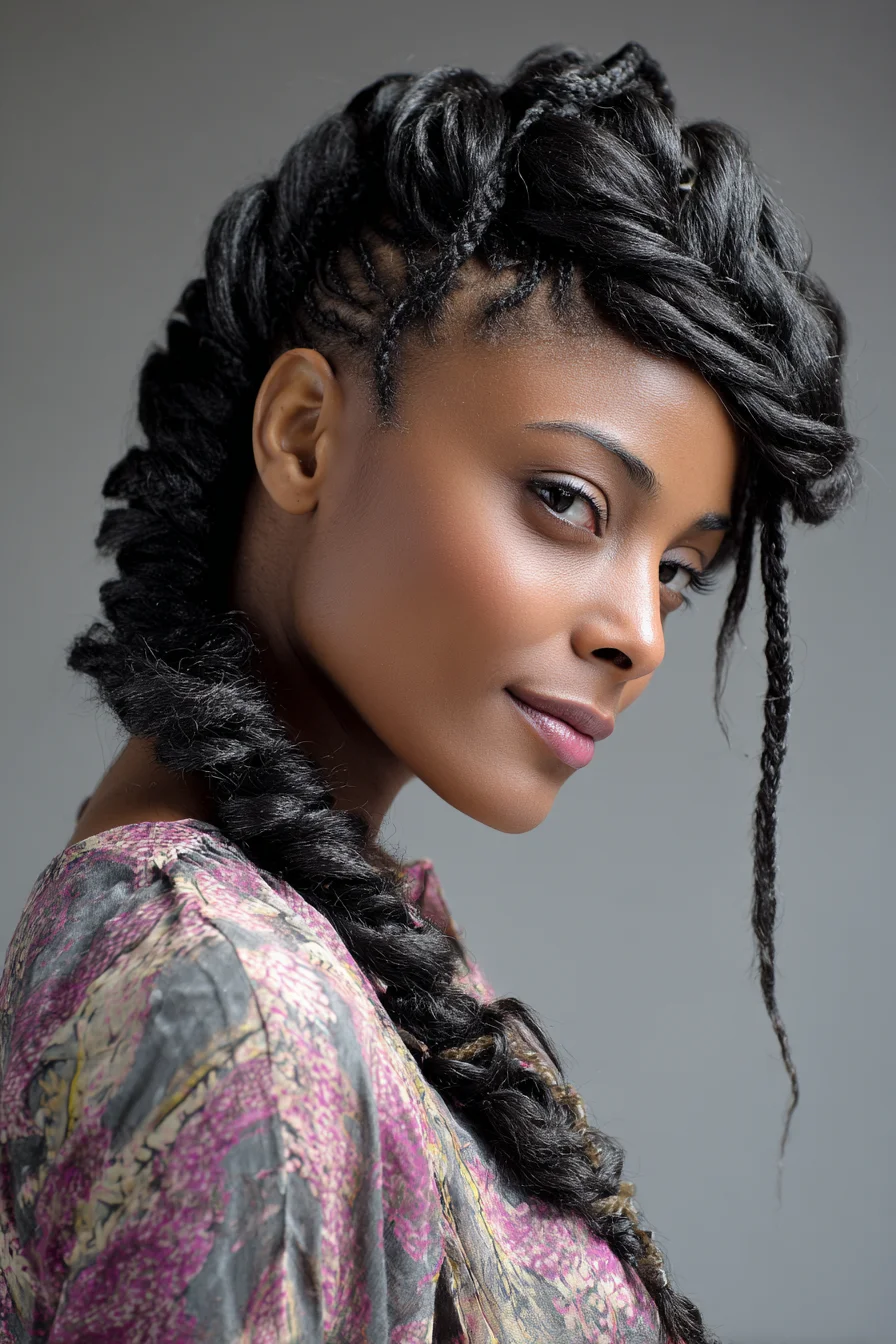 Textured Crown Twists with Cornrow Detail and Chunky Rope Braid