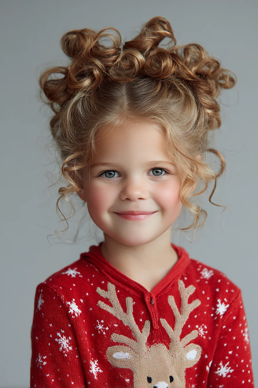 Textured Curly Double-Bun Updo with Face‑Framing Tendrils