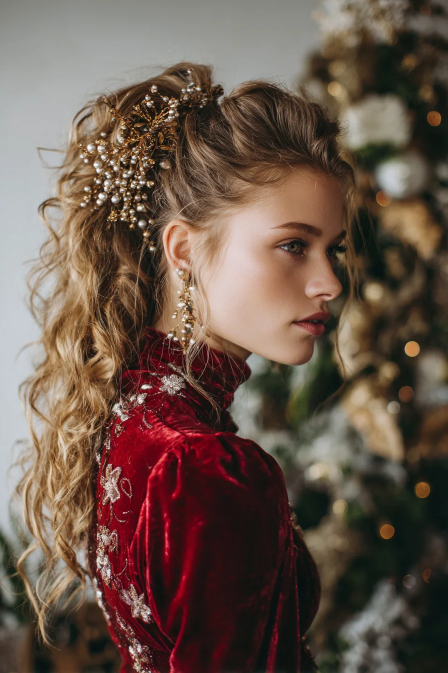 Textured Curly Half-Up Ponytail with Decorative Pearl Hairpiece