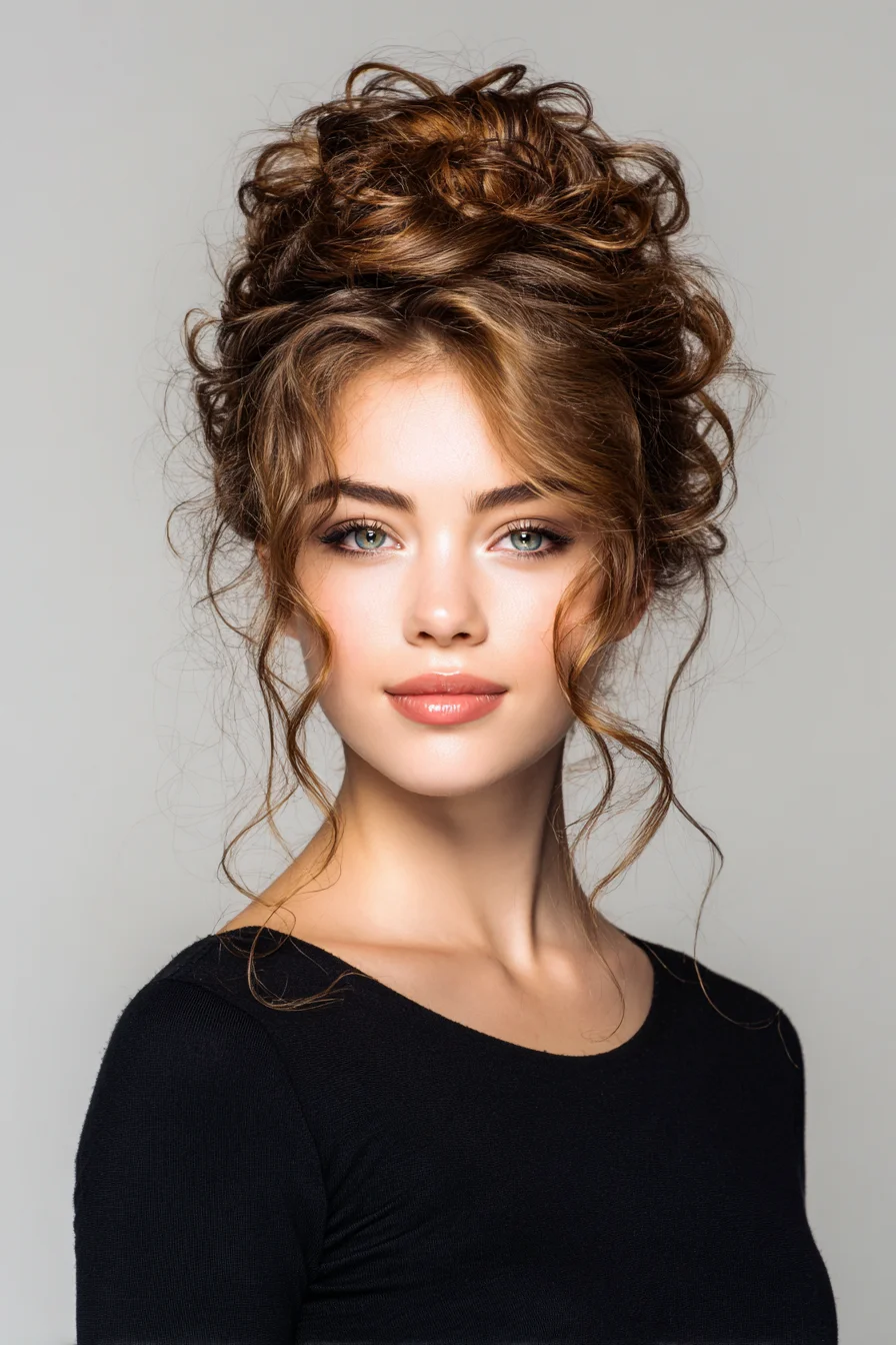 Textured Curly High Bun with Face‑Framing Tendrils
