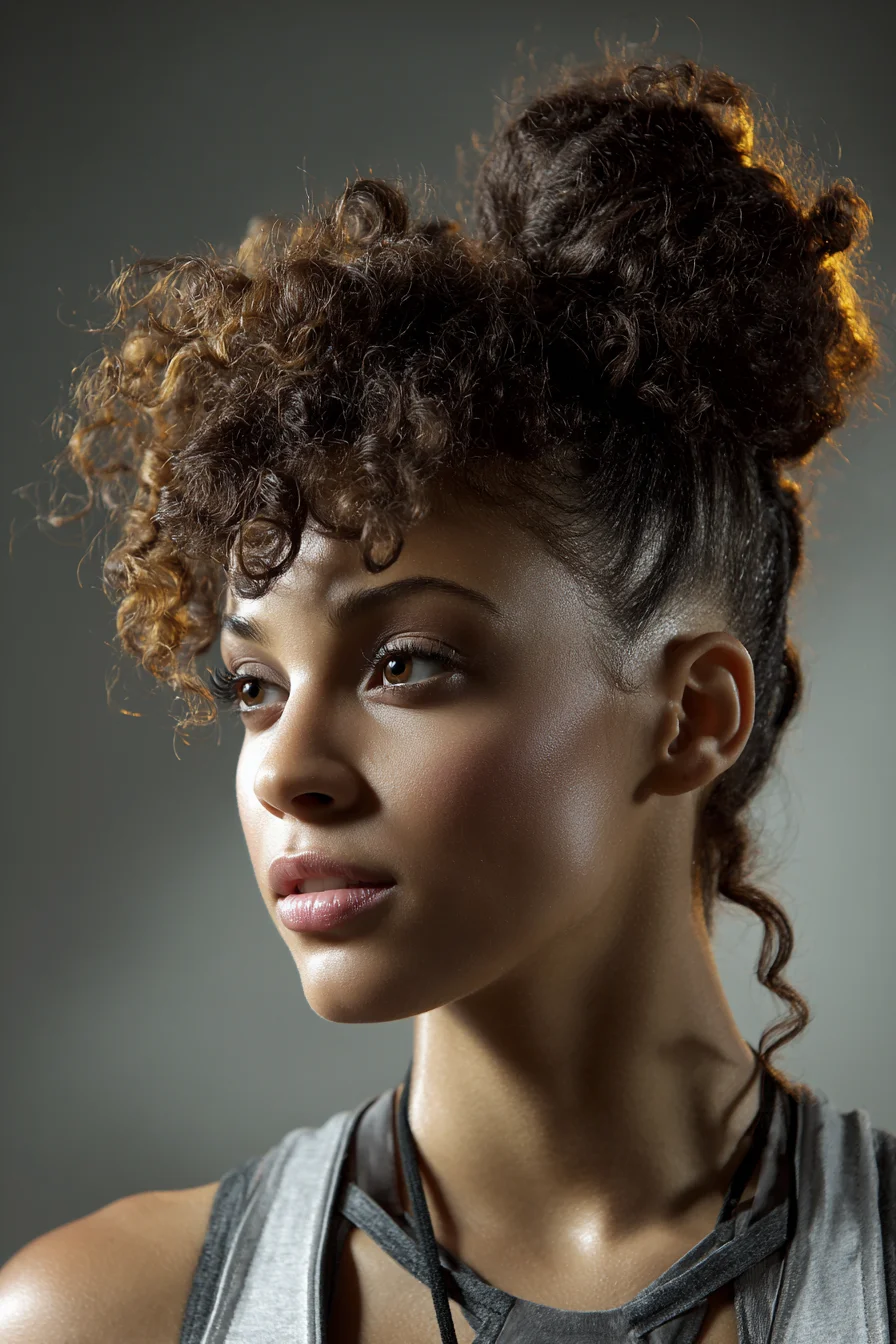 Textured Curly High Double Bun Updo with Defined Curly Fringe