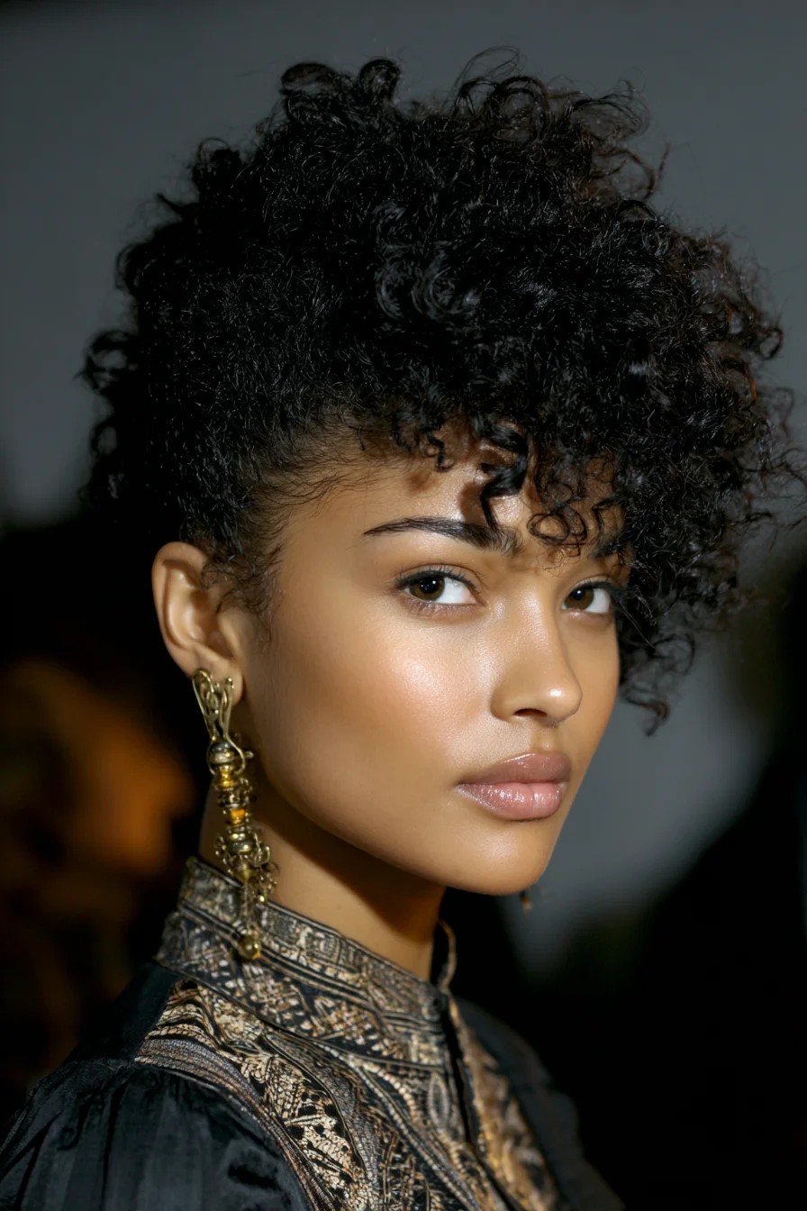 Textured Curly High-Volume Tapered Updo with Defined Frontal Ringlets